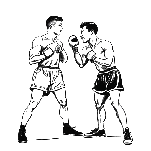 Line art drawing of two young men, representing Bryce Hall and Austin McBroom, in a boxing ring, with one of them holding a microphone.