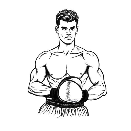 Line art drawing of a young man, representing Bryce Hall, in a boxing ring, holding a championship belt after his bare-knuckle boxing debut victory.