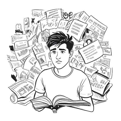 Line art drawing of a young man, representing Bryce Hall, surrounded by negative headlines related to his controversies.