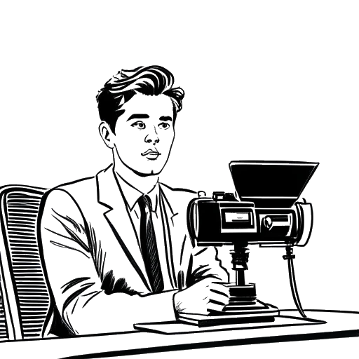 Line art drawing of a young man, representing Bryce Hall, sitting in a courtroom, with a film camera visible in the background.