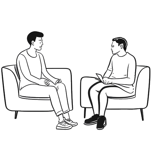 Line art drawing of a young man, representing Bryce Hall, sitting on a couch, speaking to a therapist.