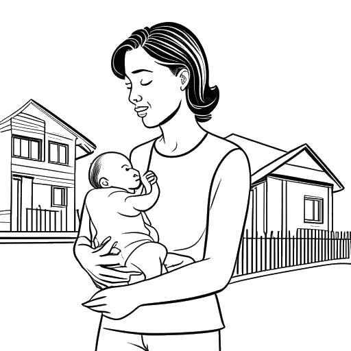 Lijntekening van een vrouw die Bryce Halls moeder voorstelt, met een babyjongen in haar armen, in een woonwijk.