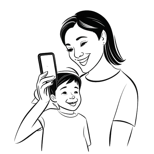 Desenho em arte linear de mãe e filho, representando Bryce Hall e sua mãe, tirando uma selfie, com um smartphone exibindo o logo do Instagram.