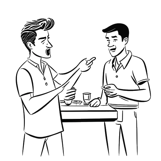 Line art drawing of a young man, representing Bryce Hall, arguing with a restaurant employee.