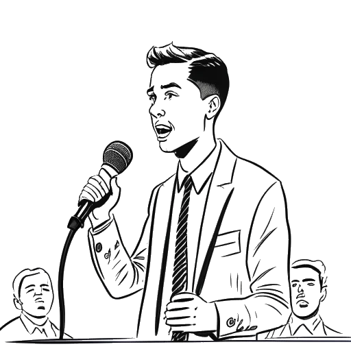 Line art drawing of a young man, representing Bryce Hall, holding a microphone, with a courtroom visible in the background.