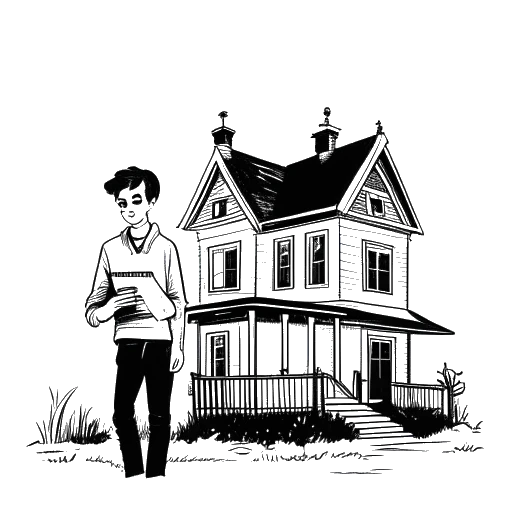 Dibujo de línea artística de un joven, representando a Bryce Hall, sosteniendo un guion, con una casa encantada al fondo.