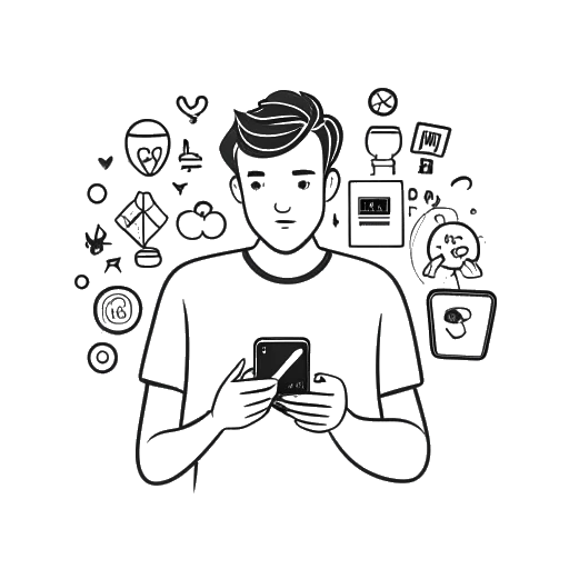 Dibujo de línea artística de un joven, representando a Bryce Hall, sosteniendo un teléfono inteligente que muestra varios logotipos de aplicaciones de redes sociales populares.