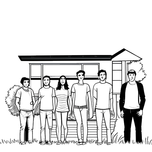 Desenho em arte linear de seis jovens adultos, incluindo Bryce Hall, posando na frente de uma casa contemporânea.