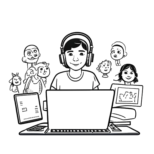 Disegno in bianco e nero di un teenager, che rappresenta Bryce Hall, che utilizza un laptop per lo streaming live, circondato da simpatici avatar virtuali.