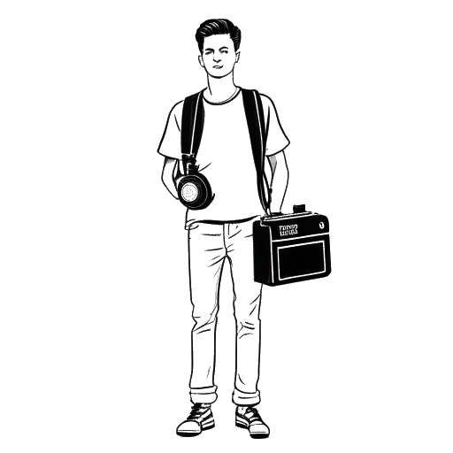 Line art drawing of a young man, representing Bryce Hall, holding a camera and suitcase, with the Hollywood sign in the background.