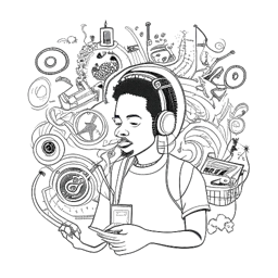 Una ilustración en blanco y negro de un hombre que representa a Boyinaband, participando en actividades creativas como la música y la tecnología, reflejando su camino poco convencional.