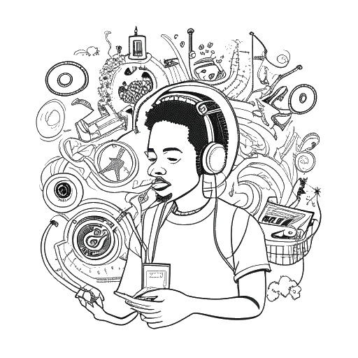Une illustration en noir et blanc d'un homme représentant Boyinaband, s'adonnant à des activités créatives telles que la musique et la technologie, reflétant son cheminement peu conventionnel.