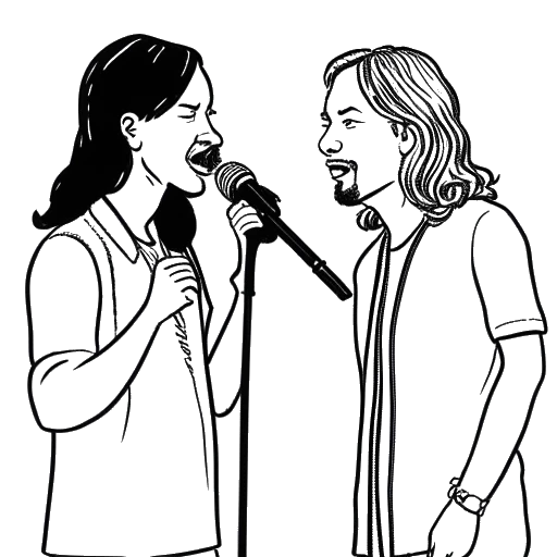 Lijnkunsttekening van twee mannen die Boyinaband en Chester Bennington vertegenwoordigen, microfoons vasthoudend.