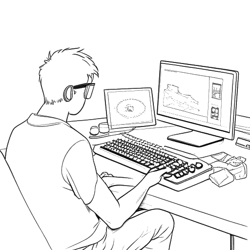 Lijnkunsttekening van een man die Boyinaband vertegenwoordigt, aan het werk op een computer, met een gamecontroller en een ontwerpschets naast hem.