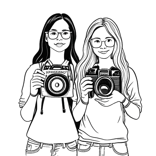 Line art drawing of two siblings representing Boyinaband and Hannah, one with glasses and the other with long hair, holding cameras.