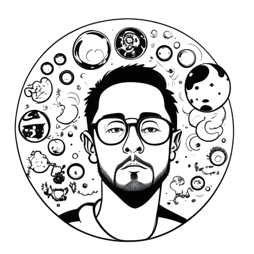 Line art drawing of a man representing Boyinaband, surrounded by three thought bubbles containing the names and icons representing Mike Shinoda, Klayton, and Misha Mansoor.