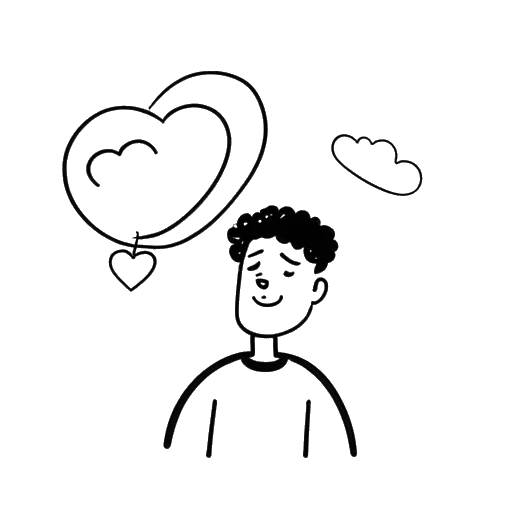 Dibujo de arte lineal de un hombre que representa a Boyinaband, con un globo de pensamiento que contiene un corazón y una nube.