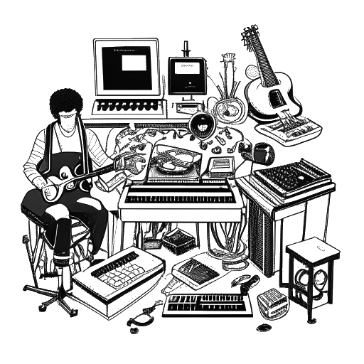 Line art drawing of a man representing Boyinaband, surrounded by various musical instruments, including a keyboard, guitar, bass, sampler, and turntables.