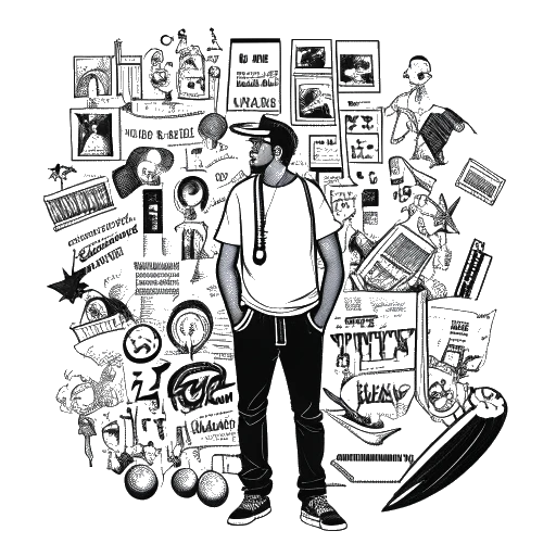 Line art drawing of a man representing Boyinaband, standing in front of various musical genres written on banners.