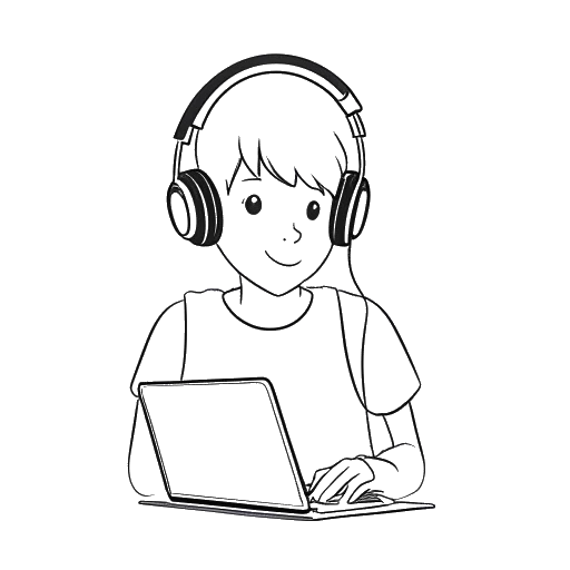 Line art drawing of a boy representing Boyinaband, with headphones around his neck, holding a test tube and a computer mouse.
