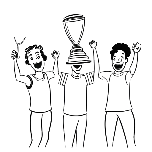 Dessin au trait de trois personnes représentant Boyinaband, PewDiePie et RoomieOfficial, tenant des micros, avec le mot 'Congratulations' et un trophée en arrière-plan.