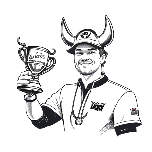 Dessin au trait d'un homme représentant Boyinaband, tenant un trophée, avec un taureau rouge et un logo de groupe en arrière-plan.