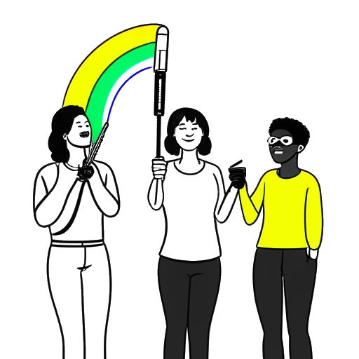 Dibujo de arte lineal de tres personas que representan a Boyinaband, Cryaotic y Minx, sosteniendo micrófonos, con una bandera arcoíris y la palabra 'Spectrum' en el fondo.