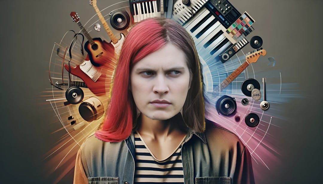 Boyinaband (David Paul Brown), un músico versátil con largo cabello rubio, rodeado de instrumentos musicales en un entorno vibrante y dinámico: una imagen ultrarrealista