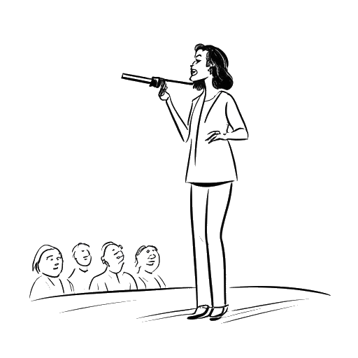 Line art drawing of a woman, representing Alice Haruko Hasters, on stage confidently addressing an audience against a white backdrop.