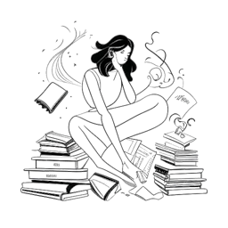 Desenho em arte linear de uma mulher, representando Alice Haruko Hasters, em contemplação, cercada por livros e figuras de dança abstratas, em um fundo branco.