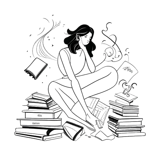 Desenho em arte linear de uma mulher, representando Alice Haruko Hasters, em contemplação, cercada por livros e figuras de dança abstratas, em um fundo branco.