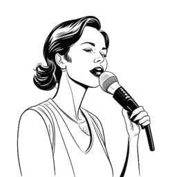 Desenho em arte linear de uma mulher, representando Alice Haruko Hasters, falando em um microfone com uma expressão concentrada, em um fundo branco.
