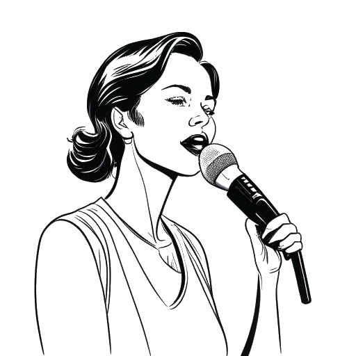Line art drawing of a woman, representing Alice Haruko Hasters, speaking into a microphone with a focused expression, depicted on a white backdrop.
