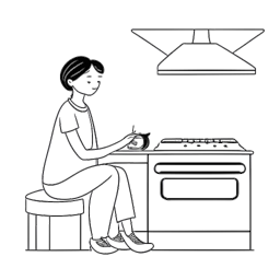 Desenho em arte linear de uma mulher relaxada, representando Alice Haruko Hasters, ao lado de um forno de assar pão com um gato, retratando um momento sereno em sua vida pessoal, em um fundo branco.