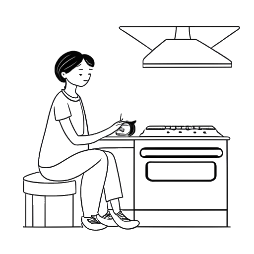 Desenho em arte linear de uma mulher relaxada, representando Alice Haruko Hasters, ao lado de um forno de assar pão com um gato, retratando um momento sereno em sua vida pessoal, em um fundo branco.