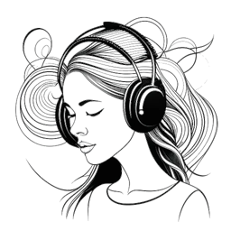 Line art drawing of a woman, representing Alice Haruko Hasters, wearing headphones and surrounded by sound waves, on a white background.