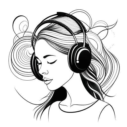 Desenho em arte linear de uma mulher, representando Alice Haruko Hasters, usando fones de ouvido e cercada por ondas sonoras, em um fundo branco.