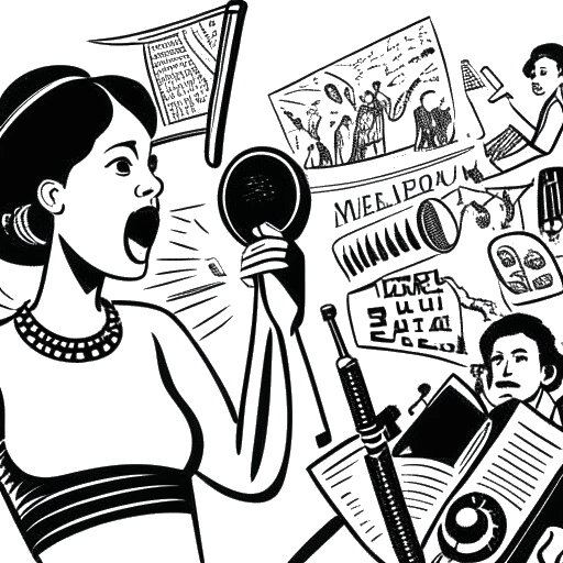 Strichzeichnung einer Protagonistin mit einem Megafon vor einem Hintergrund aus Medien- und Kulturikonen, die ihr Engagement ähnlich Alice Hasters für die Darstellung schwarzer Deutscher repräsentieren.