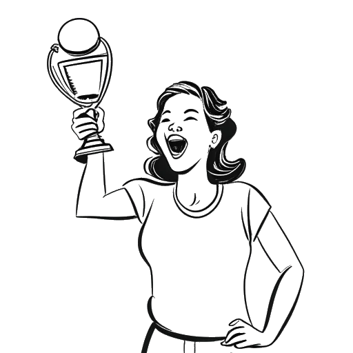Line art drawing of a woman holding a trophy aloft with a microphone and video camera in the background, representing a person parallel to Alice Hasters celebrating the win of the Bert-Donnepp-Preis media award.