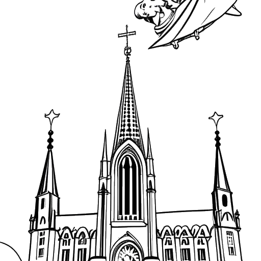 Line art drawing of a baby representing Alice Hasters, wrapped in a blanket held by a stork, with Cologne Cathedral in the background, on a white backdrop.
