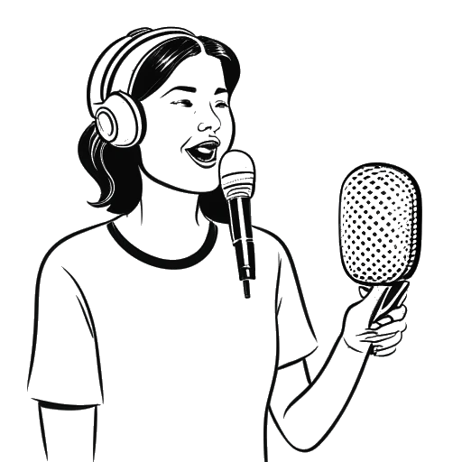 Desenho em linha de uma mulher segurando um pão ao lado de um microfone, destacando seu entusiasmo pela panificação e seu papel no podcast 'Feuer & Brot', semelhante a Alice Hasters.