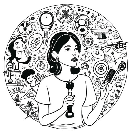 Desenho em linha de uma mulher com um microfone, cercada por ícones variados simbolizando narrativas diversas, representando o papel de uma pessoa comparável a Alice Hasters na narração do podcast 'Einhundert – Histórias'.