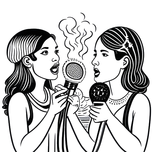 Desenho em linha de duas mulheres atrás de microfones com elementos de pão e fogo, refletindo a criação colaborativa do podcast 'Feuer & Brot' por pessoas que ressoam com Alice Hasters e Maximiliane Häcke.