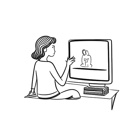Line art drawing of a person captivated by a TV screen showing 'The Good Place' logo, symbolizing the enthusiasm of an individual similar to Alice Hasters for the television series.