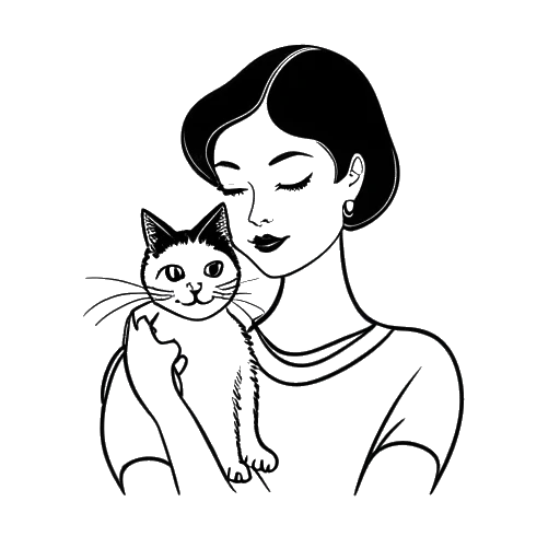Line art drawing of a woman affectionately cradling a cat labeled 'Momo', symbolizing a person akin to Alice Hasters and her beloved pet.