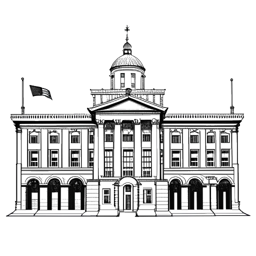 Desenho em linha de um edifício escolar histórico, representando a Central High School, com uma bandeira americana, simbolizando a experiência de intercâmbio de estudante de Alice Hasters em North Philadelphia.