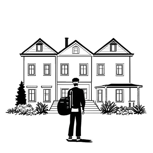 Line art drawing of an individual poised with luggage before the Thomas Mann House, capturing the essence of Alice Hasters' fellowship experience in Los Angeles.