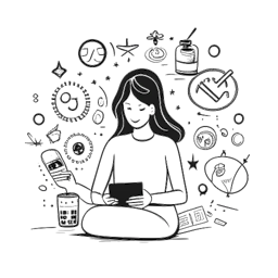 Dibujo de línea de una mujer que representa a Kris Tyson, rodeada de símbolos de redes sociales, significando su papel multifacético y presencia influyente en el mundo en línea, situado en un fondo blanco.