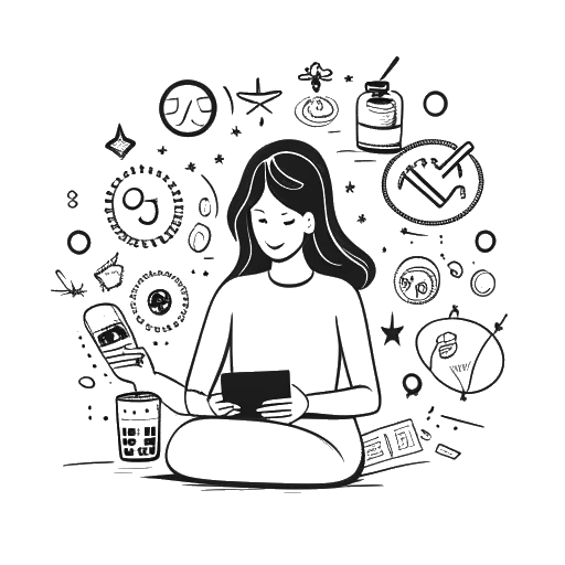 Dibujo de línea de una mujer que representa a Kris Tyson, rodeada de símbolos de redes sociales, significando su papel multifacético y presencia influyente en el mundo en línea, situado en un fondo blanco.