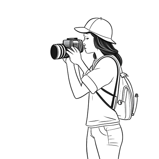 Strichzeichnung einer Frau, die Kris Tyson repräsentiert, mit einer Kamera, auf der Suche nach Drehorten, was den Einsatz hinter dem Erfolg des YouTube-Kanals MrBeast unterstreicht, vor einem weißen Hintergrund.